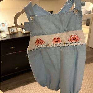 Be Mine Light Blue Kids Romper with Crab Embroidery